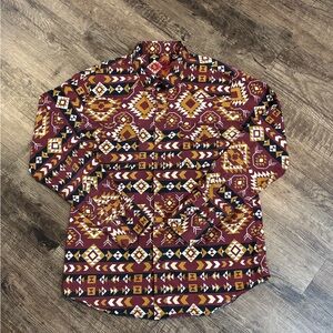Montero Aztec Pearl Snap Shirt Size XL Red Geometric Tribal Southwestern Cowboy